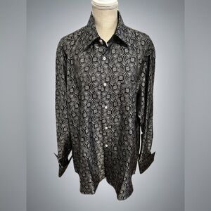 EUC Sambuca Men’s French cuff dress shirt, size XL, black and white paisley